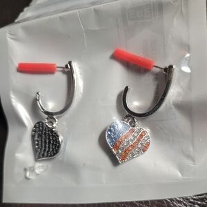 Silver Heart Dangle From Stud Earrings with Red, Blue & Clear Rhinestones (RC5)